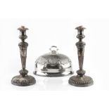 A PAIR OF 19TH CENTURY SHEFFIELD PLATE CANDLESTICKS, with lobed decoration, and a collection of