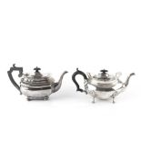 A SILVER TEAPOT, of oval form with shaped border, scroll legs, and ebonised handle and knop, by