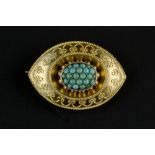 A VICTORIAN TURQUOISE PANEL BROOCH, the navette-shaped panel centred with a cluster of cabochon