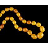 AN AMBER BEAD NECKLACE, comprising a single strand of graduated amber beads, measuring approximately