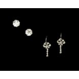 A PAIR OF DIAMOND EAR STUDS, each old brilliant-cut diamond in eight claw setting, on later post and