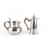A SILVER BALUSTER HOT WATER POT, with scroll thumbpiece, and wicker clad handle, maker's mark