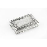 A WILLIAM IV SILVER RECTANGULAR SNUFF BOX, with foliate cast borders, the lid engraved with a four