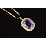 AN AMETHYST AND HALF PEARL PENDANT ON CHAIN, the cushion-shaped mixed-cut amethyst claw set within a