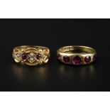 A RUBY AND HALF PEARL DRESS RING, 15ct gold mounted, hallmarked for Chester 1900, and a five stone