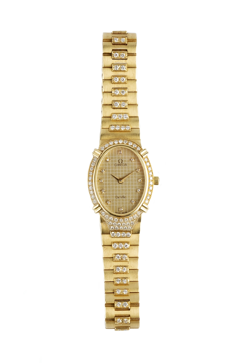 A LADY'S 18CT GOLD AND DIAMOND SET 'DE VILLE' BRACELET WATCH BY OMEGA, the oval chequered dial