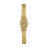 A LADY'S 18CT GOLD AND DIAMOND SET 'DE VILLE' BRACELET WATCH BY OMEGA, the oval chequered dial