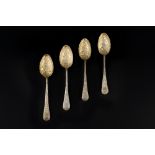 A SET OF FOUR GEORGE III SILVER OLD ENGLISH PATTERN TABLESPOONS, by Paul Storr, later engraved and