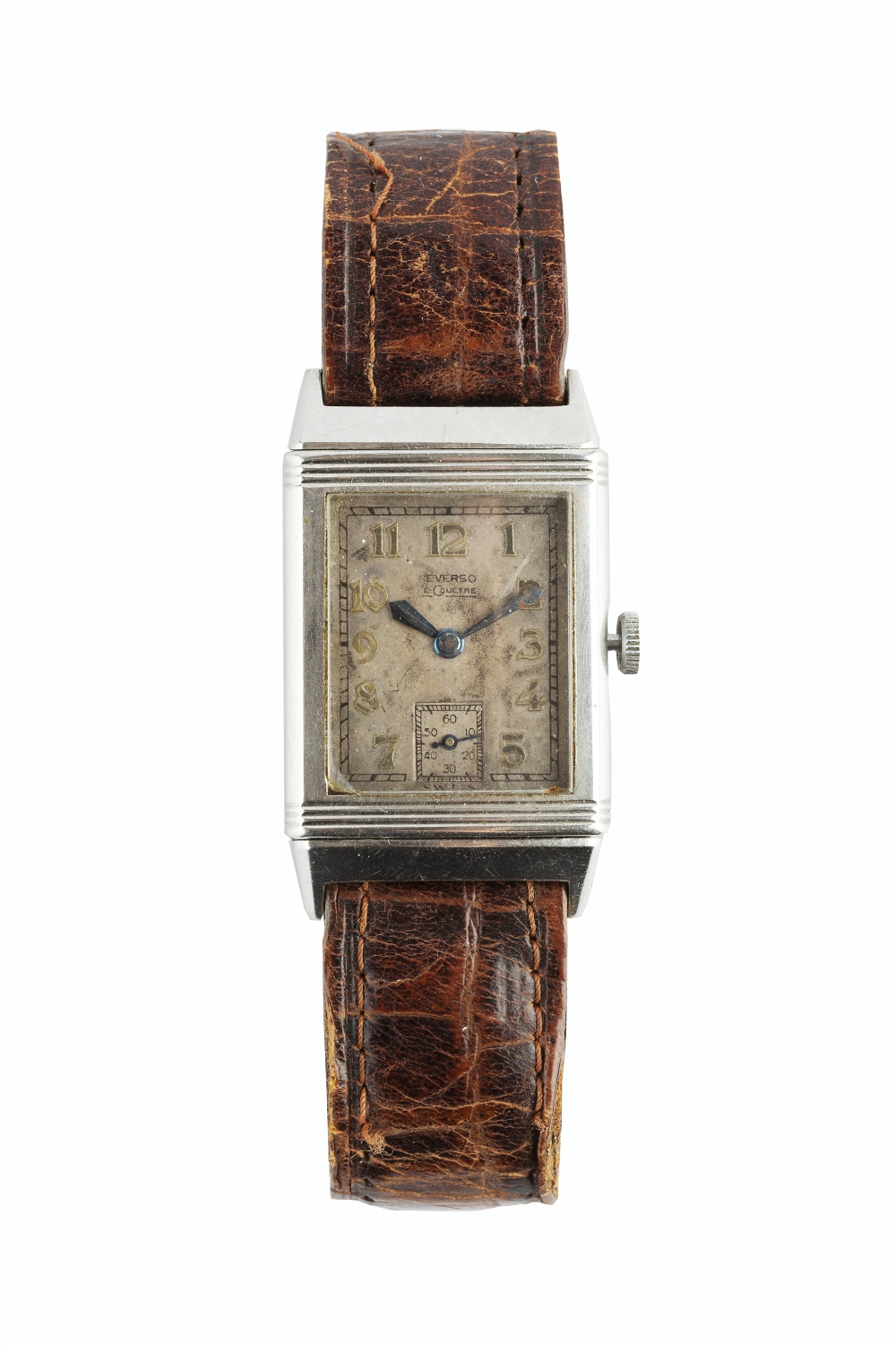 A GENTLEMAN'S STAINLESS STEEL 'REVERSO' WRISTWATCH BY LECOULTRE, the rectangular silvered dial