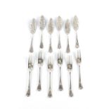 A SET OF SIX EDWARDIAN SILVER FISH KNIVES AND FORKS with foliate engraved decoration by Walker &