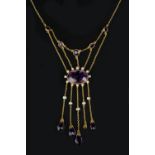 AN AMETHYST AND PEARL PENDANT NECKLACE, centred with an oval mixed-cut amethyst and pearl cluster,