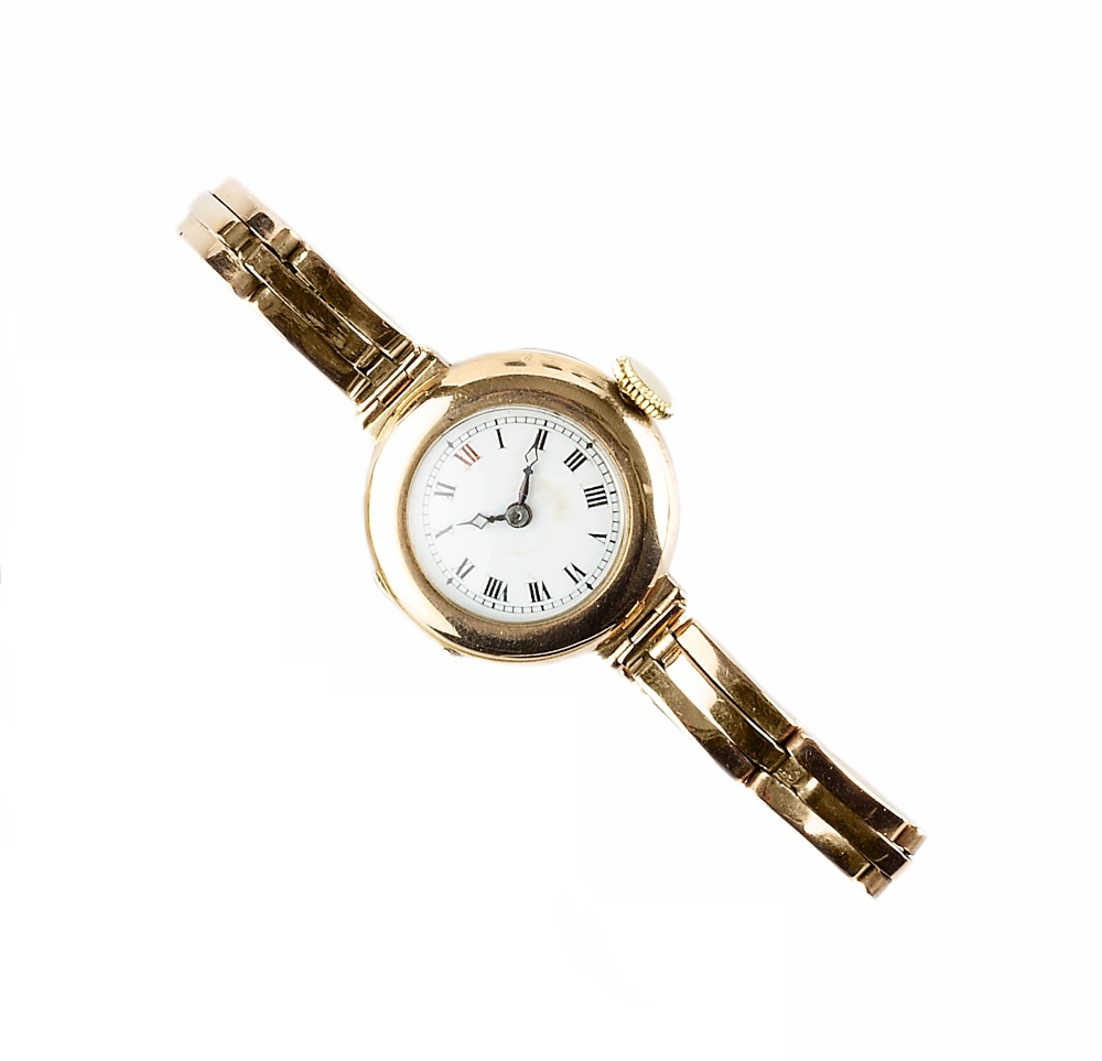 A LADY'S 9CT GOLD BRACELET WATCH, the circular white dial with black and red Roman numerals and