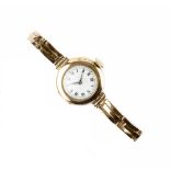 A LADY'S 9CT GOLD BRACELET WATCH, the circular white dial with black and red Roman numerals and