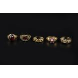 A COLLECTION OF DRESS RINGS, comprising a garnet single stone ring, with pierced and engraved