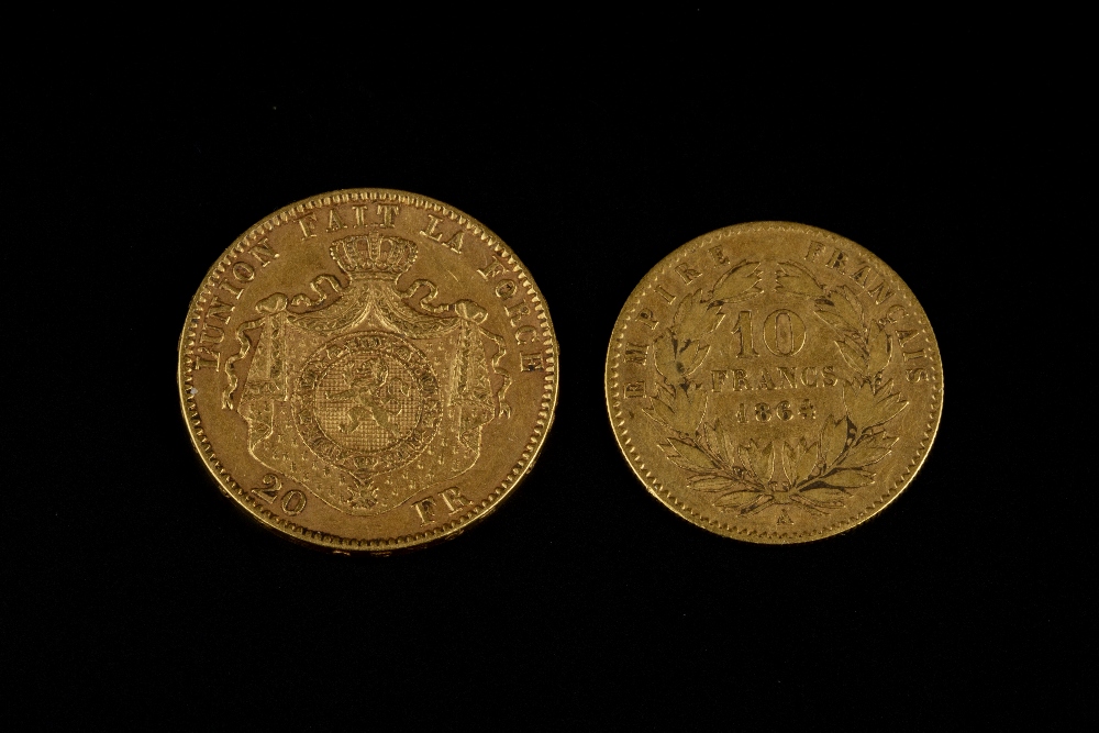 A LEOPOLD II BELGIUM 20 FRANCS GOLD COIN, dated 1877, and a Napoleon III 10 Francs gold coin,