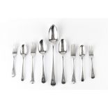 A SERVICE OF MAINLY GEORGIAN SILVER OLD ENGLISH PATTERN FLATWARE, comprising ten tablespoons, twelve