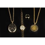 A COLLECTION OF JEWELLERY, comprising a Victoria half sovereign, dated 1887, loose mounted in a