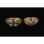 TWO 19TH CENTURY CLUSTER RINGS, each with a cluster of half pearls, green and red/purple stones in