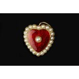 A HALF PEARL AND ENAMEL HEART BROOCH/PENDANT, heightened with red enamel decoration and bordered