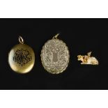 THREE PENDANTS, comprising an oval locket pendant, with black enamel monogram, a further locket