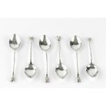 A SET OF SIX SILVER COFFEE SPOONS, with twist stems and fox mask terminals, by H.J. Cooper & Co Ltd,
