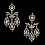 A PAIR OF 19TH CENTURY DIAMOND GIRANDOLE EAR PENDANTS, each comprising a trio of pear-shaped cluster