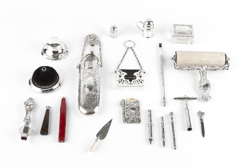 A COLLECTION OF MAINLY LATE VICTORIAN AND EDWARDIAN SILVER WRITING AND DESK ACCESSORIES,