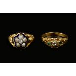 TWO 19TH CENTURY GEM SET RINGS, the first a diamond and emerald three stone ring, with foiled