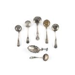 SIX VARIOUS SILVER SIFTER SPOONS, a similar Dutch spoon, and a quantity of mainly 19th Century