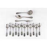 A SET OF TWELVE 19TH CENTURY RUSSIAN FIDDLE PATTERN TEASPOONS, Kazan 1891, a German tablespoon and