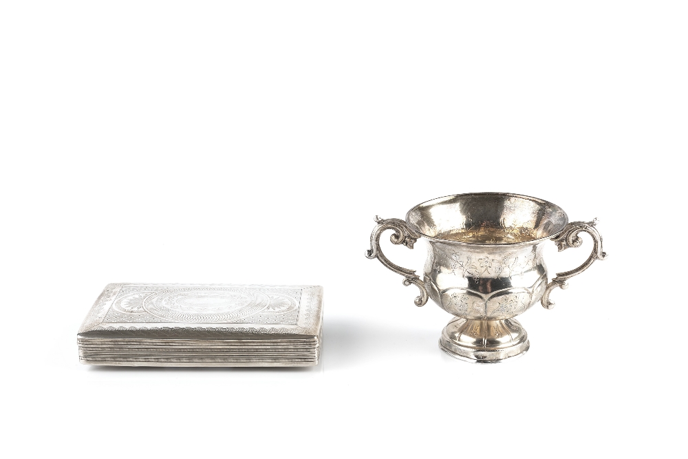 A 19TH CENTURY DUTCH SILVER RECTANGULAR TOBACCO BOX, with engraved decoration, 13cm, and a 19th