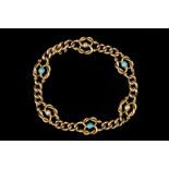 A TURQUOISE AND HALF PEARL SET BRACELET, comprising a series of openwork knot-shaped panels,