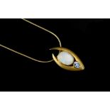 A VARI GEM-SET PENDANT NECKLACE, the abstract pierced panel of brushed finish, collet set with an