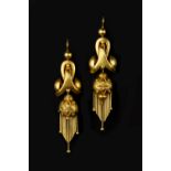 A PAIR OF VICTORIAN EAR PENDANTS, each amphora-shaped drop applied with a ropetwist wirework and