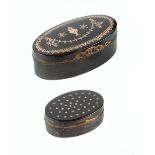 AN EARLY 19TH CENTURY TORTOISESHELL AND PIQUÉ OVAL BOX, the lid with star decoration, 4.5cm; a