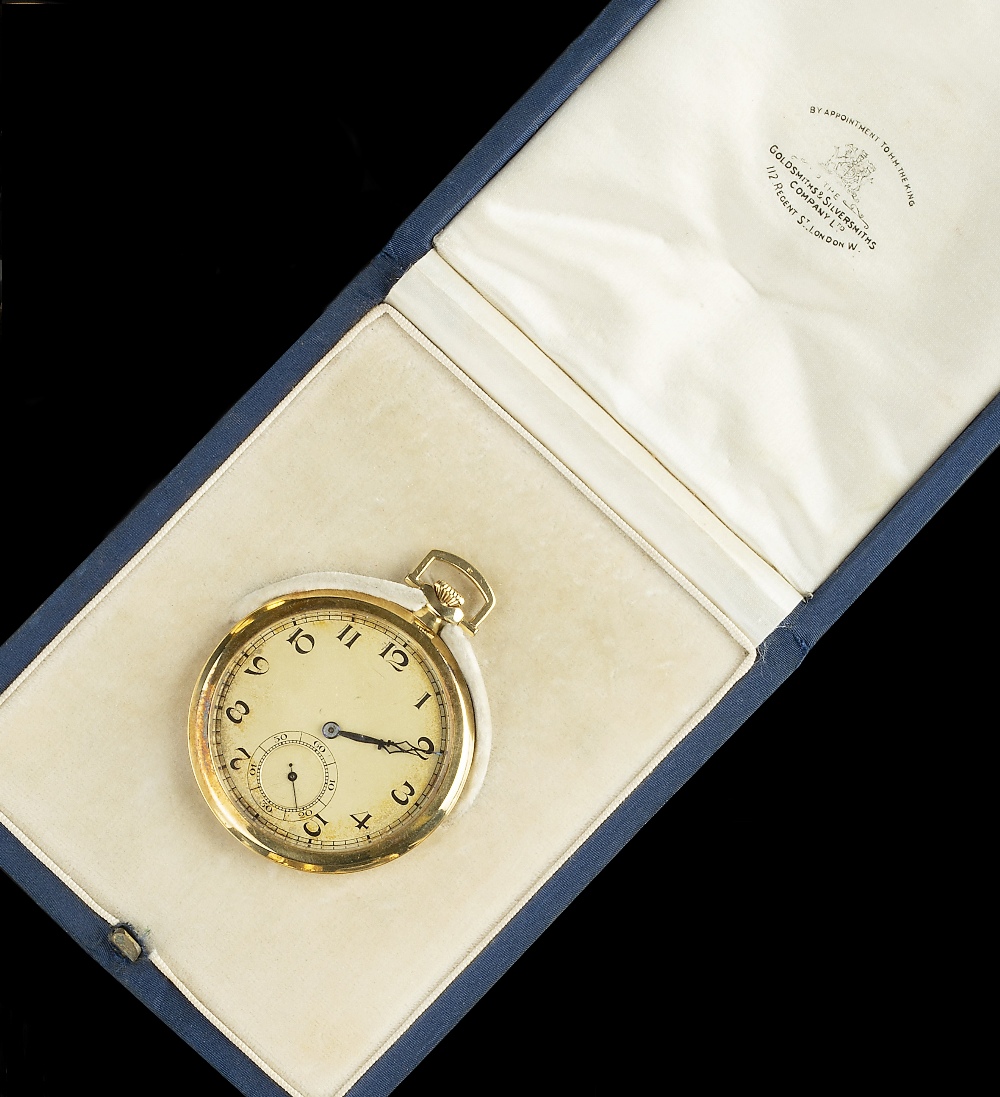 AN 18CT GOLD OPEN FACE POCKET WATCH BY LONGINES, the circular champagne dial with stylised Arabic