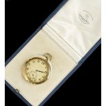 AN 18CT GOLD OPEN FACE POCKET WATCH BY LONGINES, the circular champagne dial with stylised Arabic