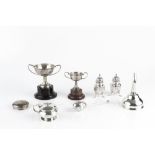 A SMALL COLLECTION OF SILVER COMPRISING an early 19th Century wine funnel, marks rubbed, two small