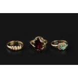 THREE GEM SET RINGS, comprising a late Victorian turquoise and half pearl panel ring, 18ct gold