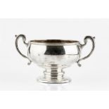 A SILVER TWIN HANDLED ROSE BOWL, with scroll handles, on pedestal foot, maker's mark rubbed,