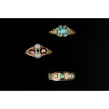 A COLLECTION OF GEM SET DRESS RINGS, comprising three turquoise cabochon set rings, an opal and