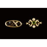 TWO HALF PEARL AND GEM SET BROOCHES, the first a sapphire and half pearl set oval panel brooch,