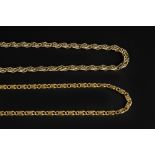 TWO 9CT GOLD FANCY-LINK CHAINS, the first of plaited-link design, the second of flattened-link