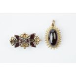 A SMALL COLLECTION OF GARNET SET JEWELLERY, comprising a garnet and diamond set panel brooch, of