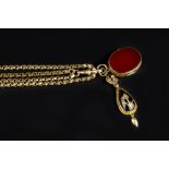 A VICTORIAN GUARD CHAIN, with swivel clasp, stamped '9c', suspending a hardstone locket and