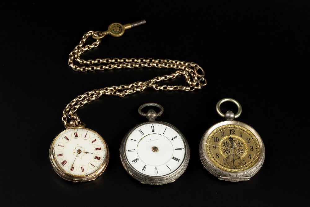 THREE FOB WATCHES, comprising a white metal fob watch, with Arabic numerals, subsidiary seconds dial