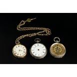 THREE FOB WATCHES, comprising a white metal fob watch, with Arabic numerals, subsidiary seconds dial