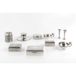 A COLLECTION OF SILVER TO INCLUDE a capstan inkwell, two pairs of spill vases, a cigarette box,