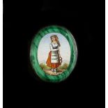 A 19TH CENTURY OVAL MICROMOSAIC PANEL, depicting a Swiss maiden in peasant dress within a