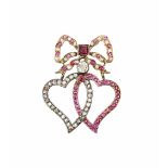 A 19TH CENTURY RUBY AND DIAMOND DOUBLE-HEART BROOCH/PENDANT, designed as two entwined openwork